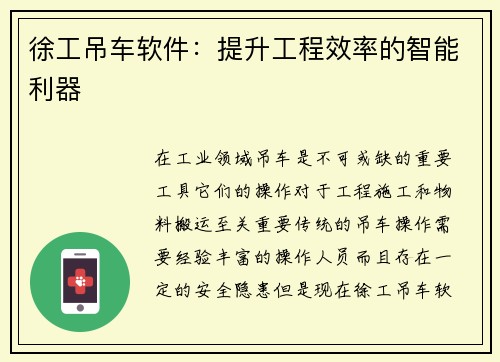 徐工吊车软件：提升工程效率的智能利器