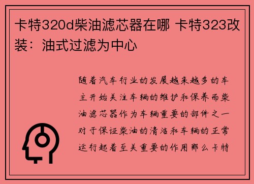 卡特320d柴油滤芯器在哪 卡特323改装：油式过滤为中心