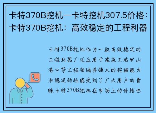 卡特370B挖机—卡特挖机307.5价格：卡特370B挖机：高效稳定的工程利器