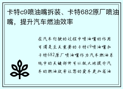 卡特c9喷油嘴拆装、卡特682原厂喷油嘴，提升汽车燃油效率